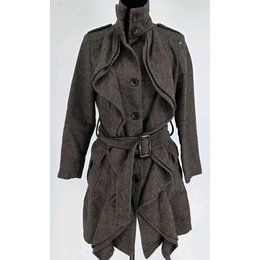Venus Herringbone Wool Blend Coat Small Brown Ruffle Front